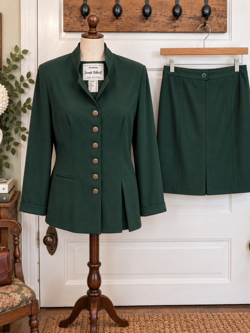 Vintage Joseph Ribkoff Forest Green Blazer Skirt Suit Set Size 10